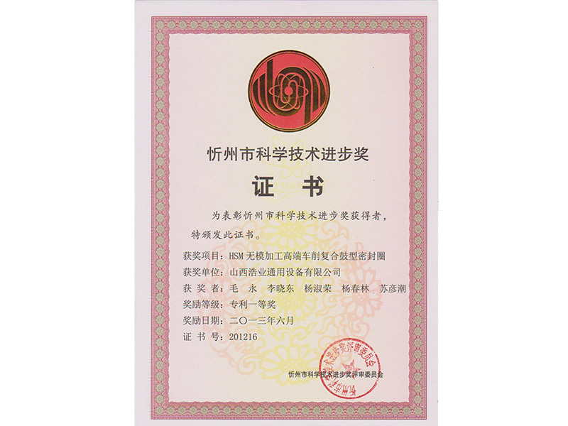 忻州市科学技术进步奖证书